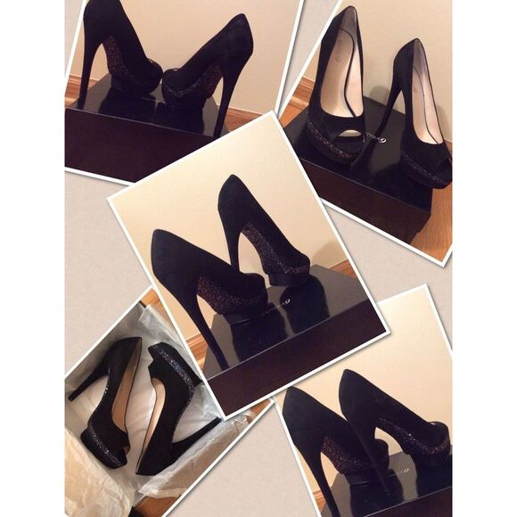 New Boutique 9 Shoes sz 9,5 Black Suede Platform Heels with Sparkle Accents